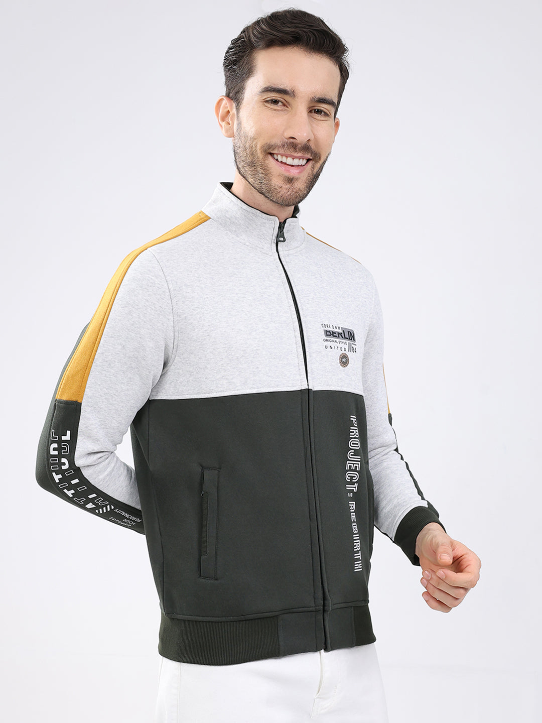 Men Olive Printed Mock Neck Full Sleeve Sweatshirt