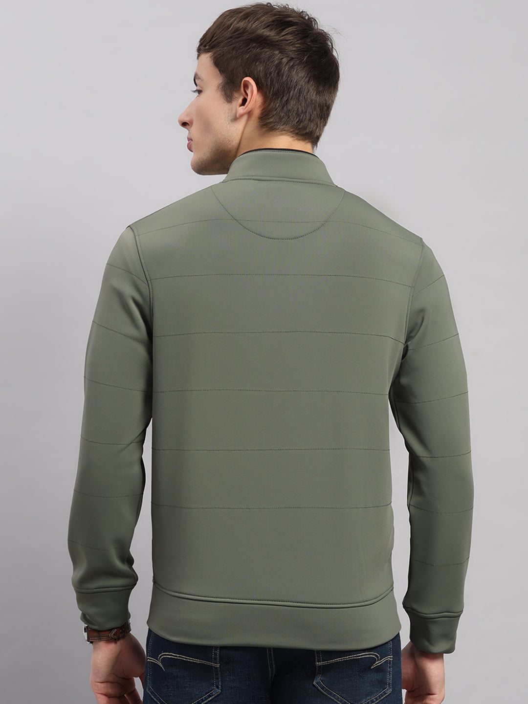 Men Green Self Design Collar Full Sleeve Sweatshirt