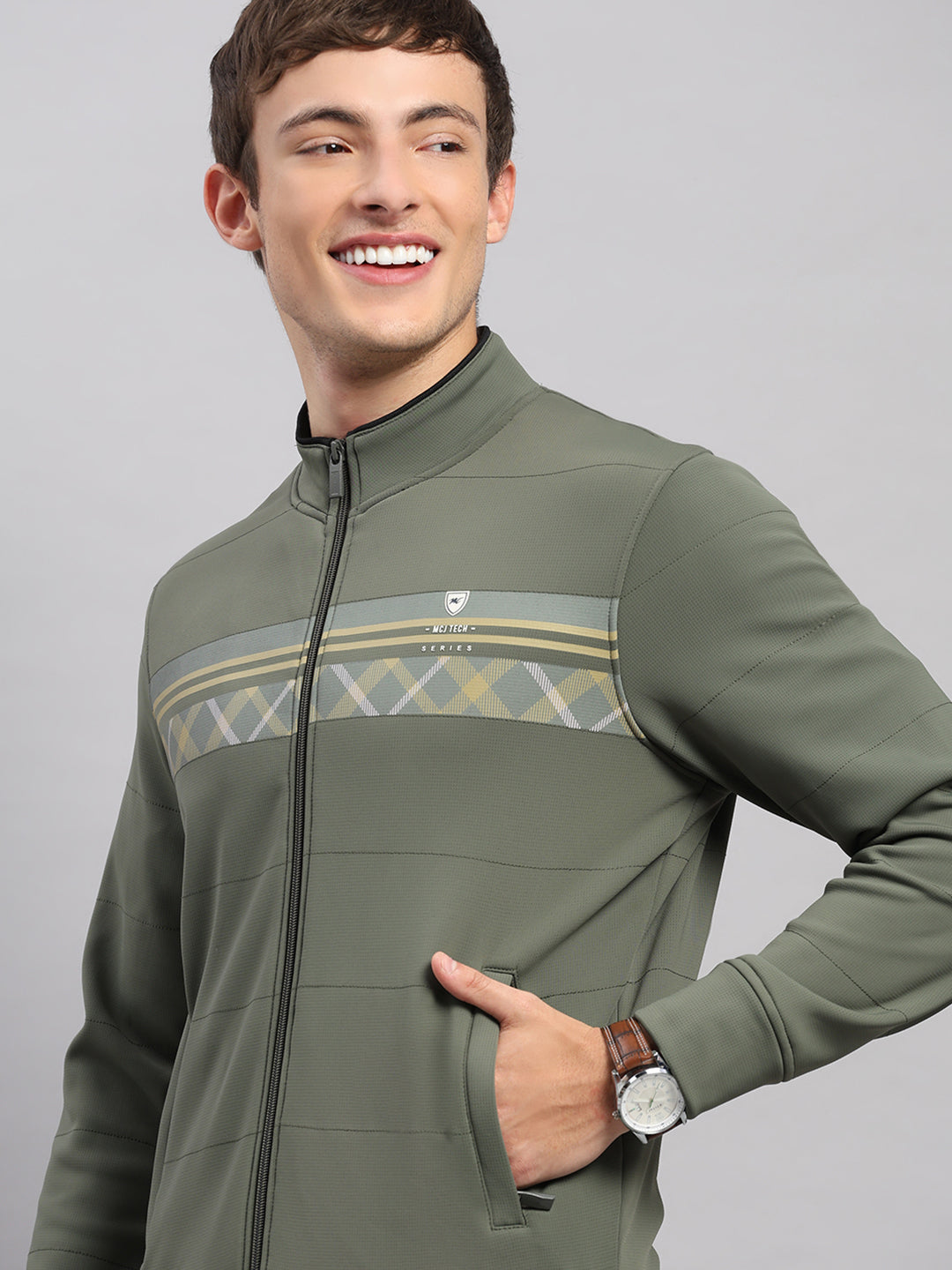 Men Green Self Design Collar Full Sleeve Sweatshirt