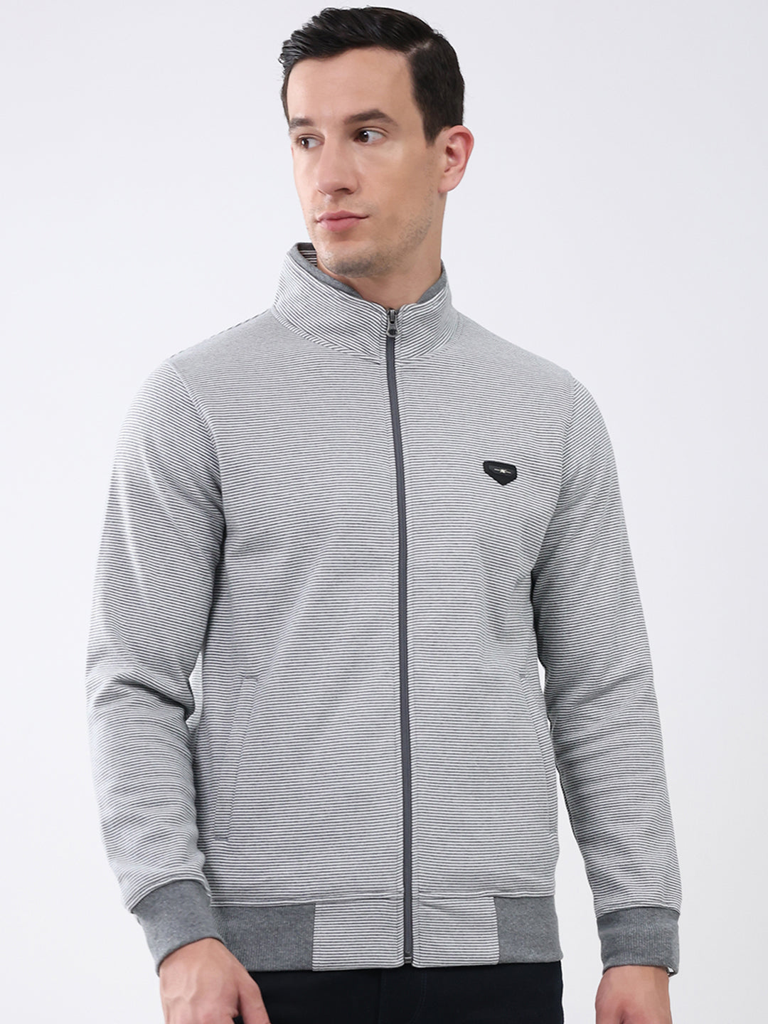 Men Grey Solid Mock Neck Full Sleeve Sweatshirt