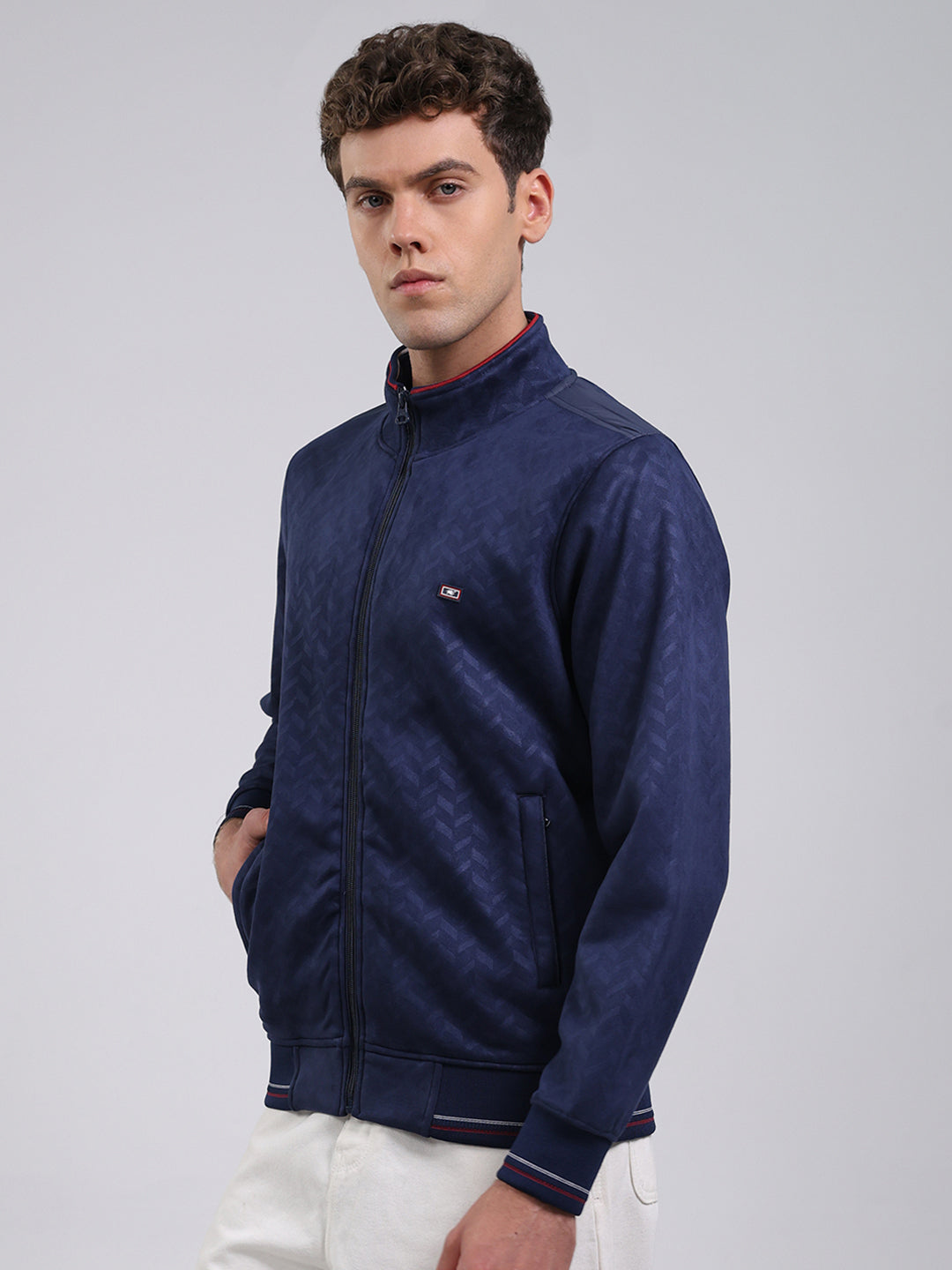 Men Blue Self Design Full Sleeve Sweatshirt with Jacket Vibe