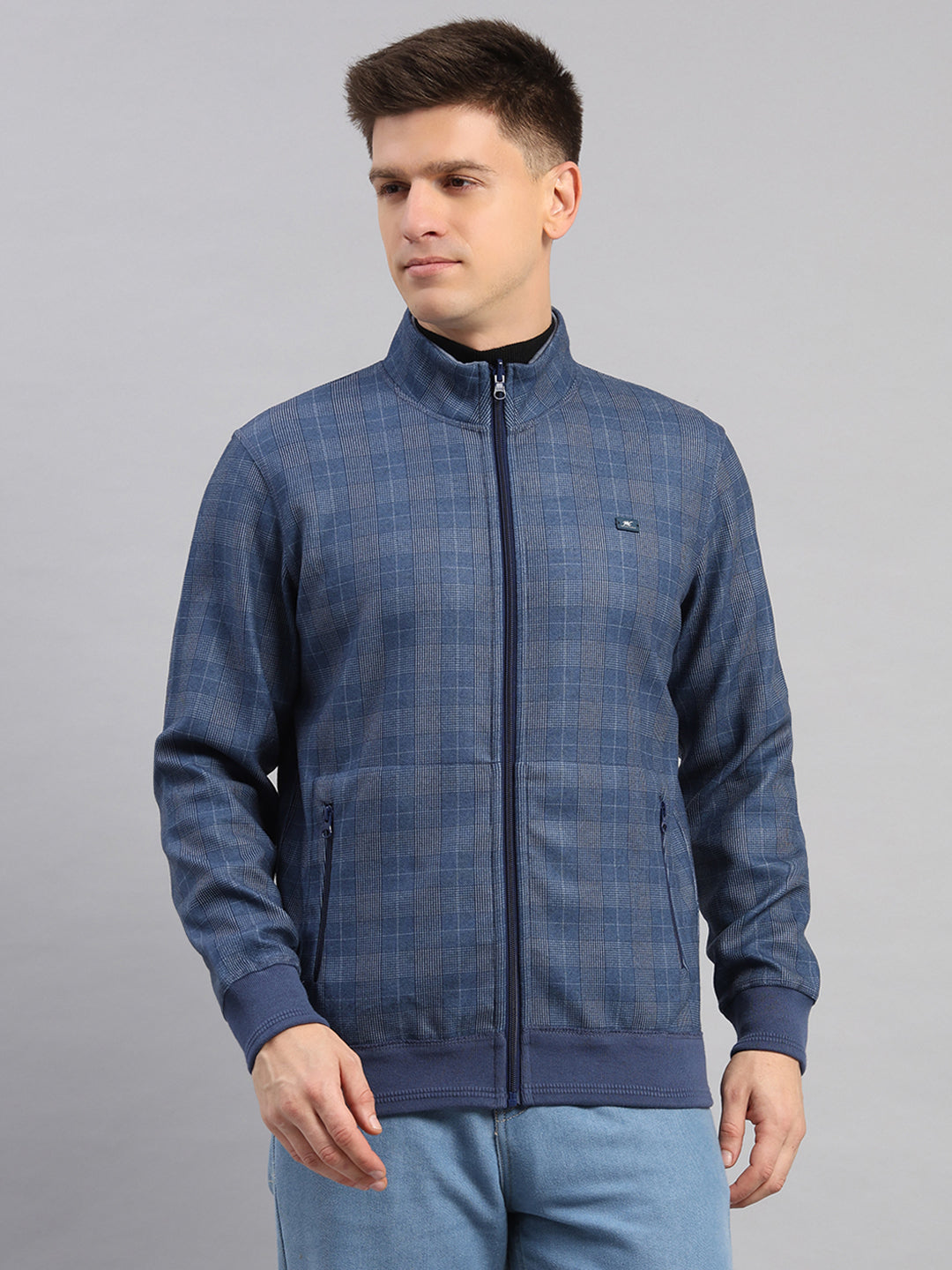 Men Blue Check Collar Full Sleeve Reversible Sweatshirt