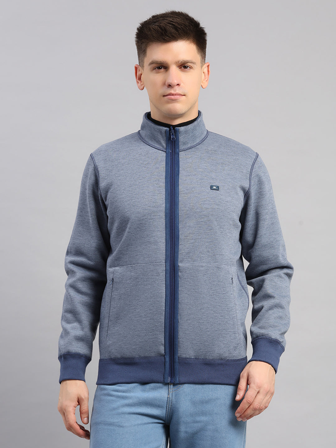Men Blue Check Collar Full Sleeve Reversible Sweatshirt