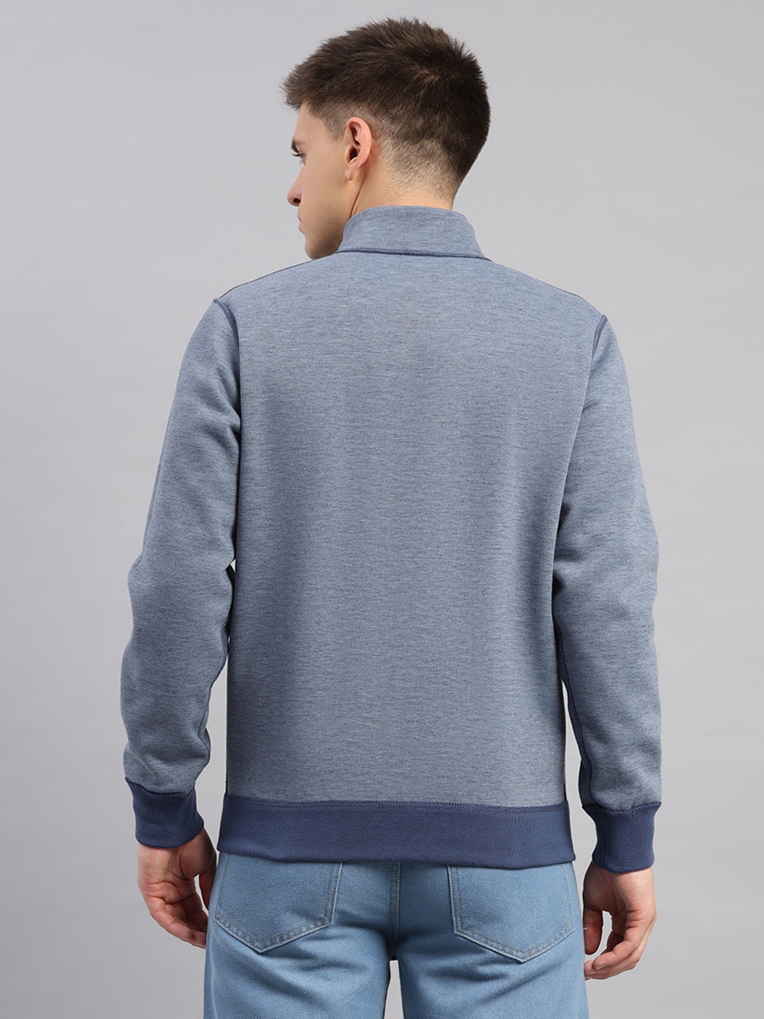 Men Blue Check Collar Full Sleeve Reversible Sweatshirt