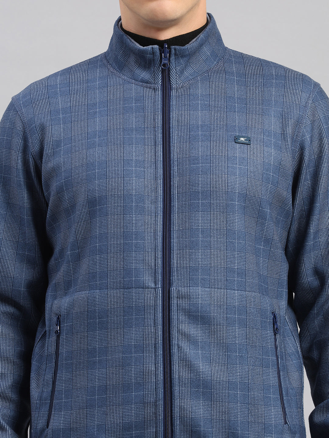 Men Blue Check Collar Full Sleeve Reversible Sweatshirt