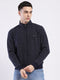 Men Navy Blue Self Design Mock Neck Full Sleeve Sweatshirt