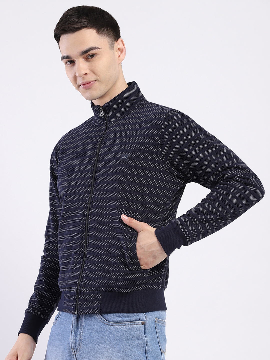 Men Navy Blue Self Design Mock Neck Full Sleeve Sweatshirt
