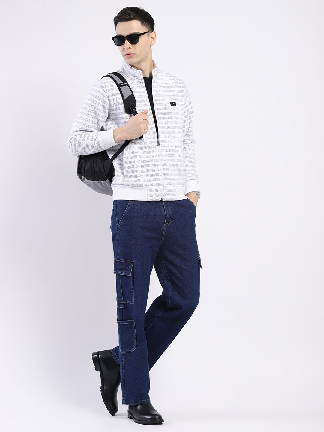 Men Off White Self Design Mock Neck Full Sleeve Sweatshirt