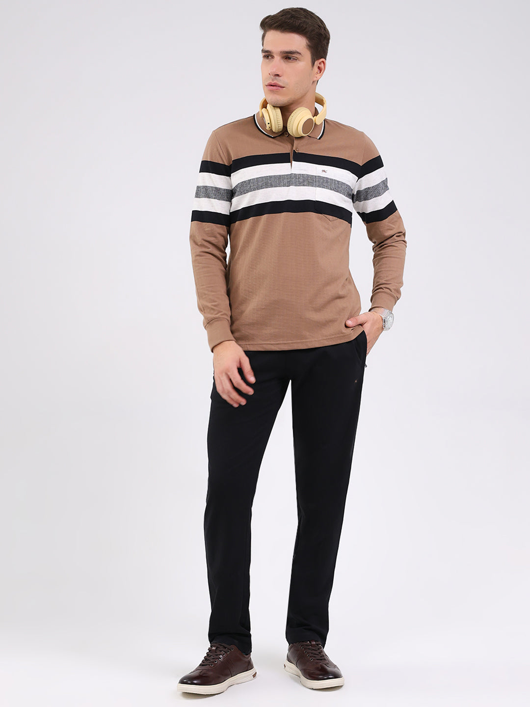 Men Beige Solid Collar Full Sleeve Winter Tracksuit