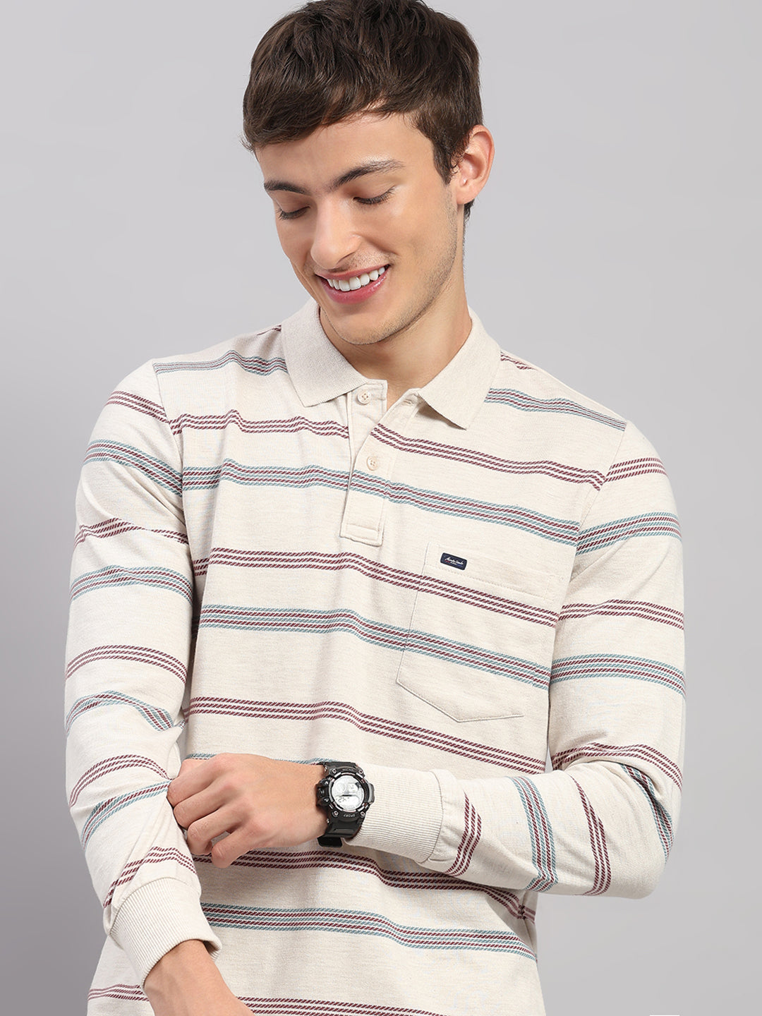 Men Beige Stripe Collar Full Sleeve Winter Tracksuit