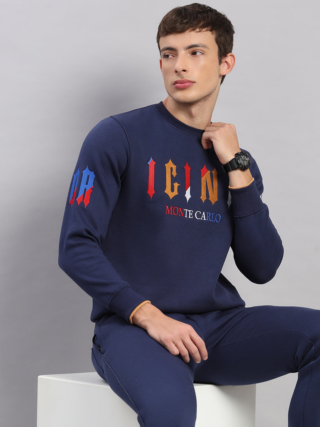 Men Blue Self Design Collar Full Sleeve Winter Tracksuit