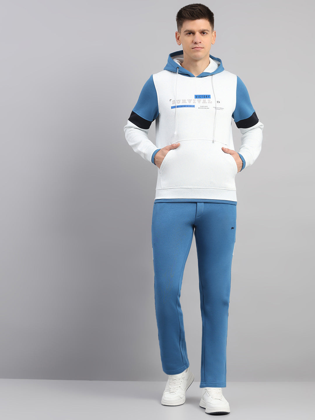 Men Blue Solid Collar Full Sleeve Winter Tracksuit