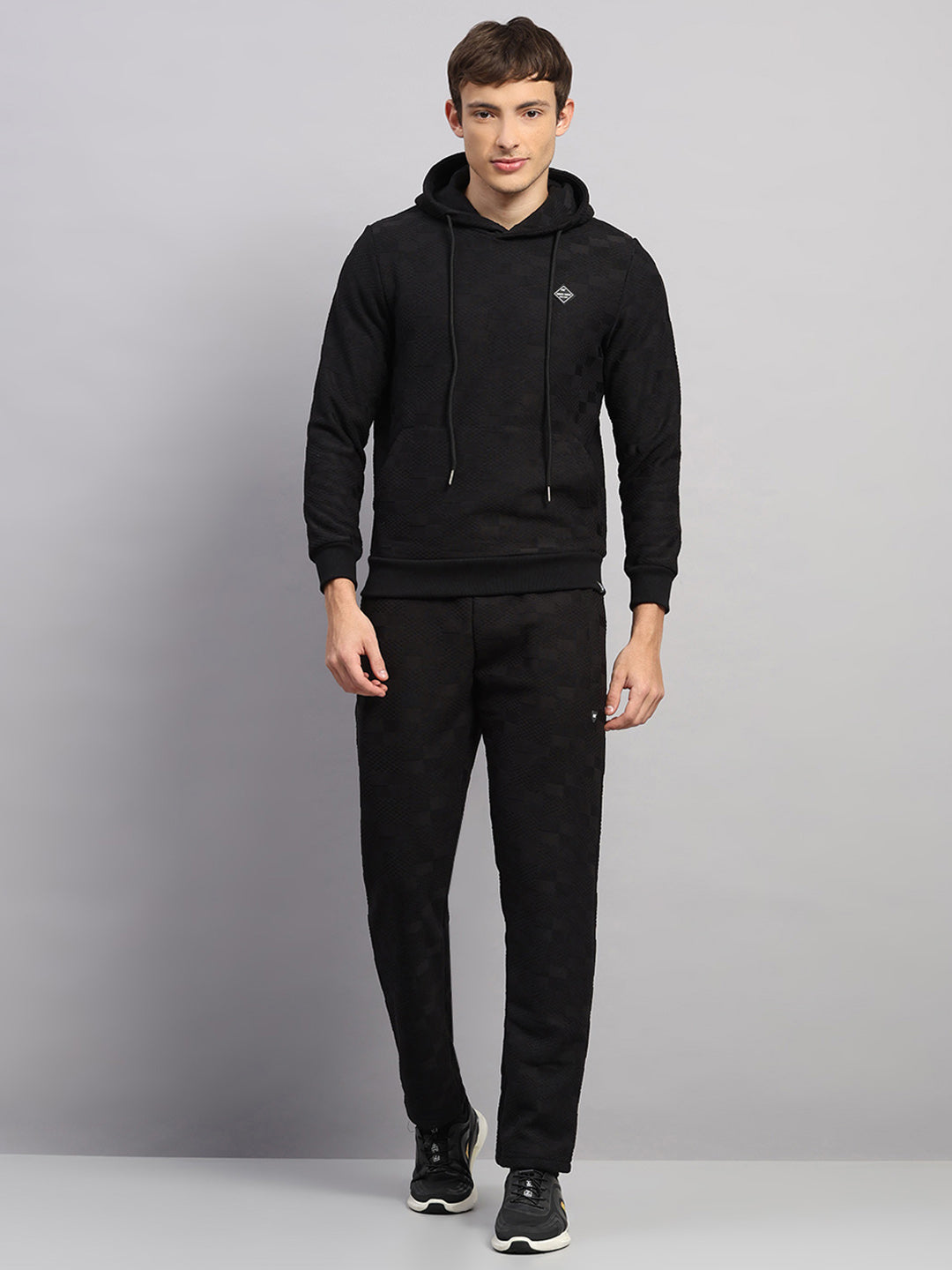 Men Black Jaquard Collar Full Sleeve Winter Tracksuit