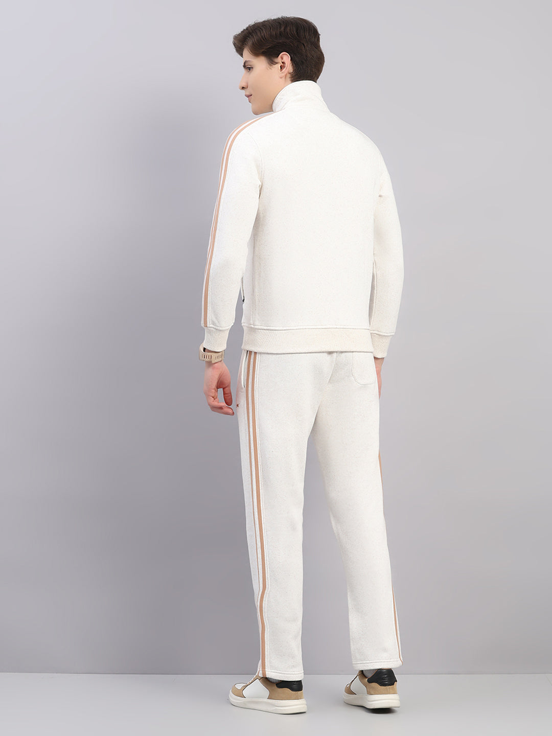 Men Camel Brown Solid Stand Collar Full Sleeve Winter Tracksuit