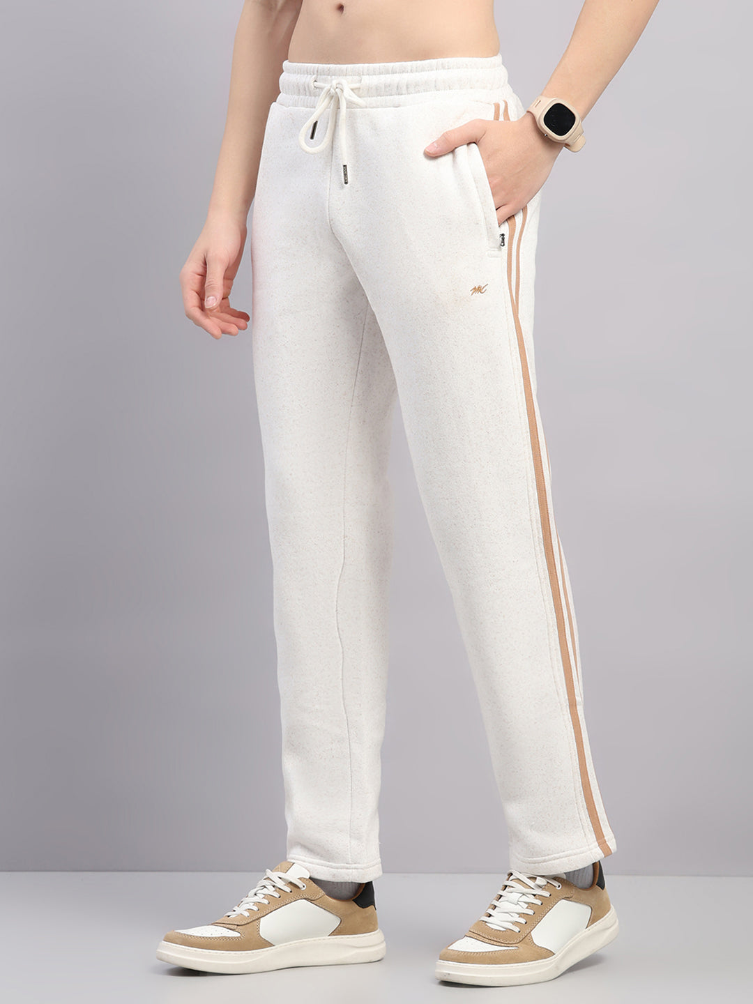 Men Camel Brown Solid Stand Collar Full Sleeve Winter Tracksuit