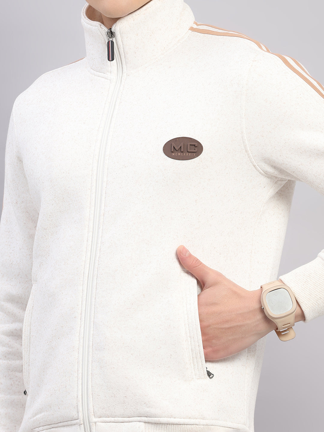 Men Camel Brown Solid Stand Collar Full Sleeve Winter Tracksuit