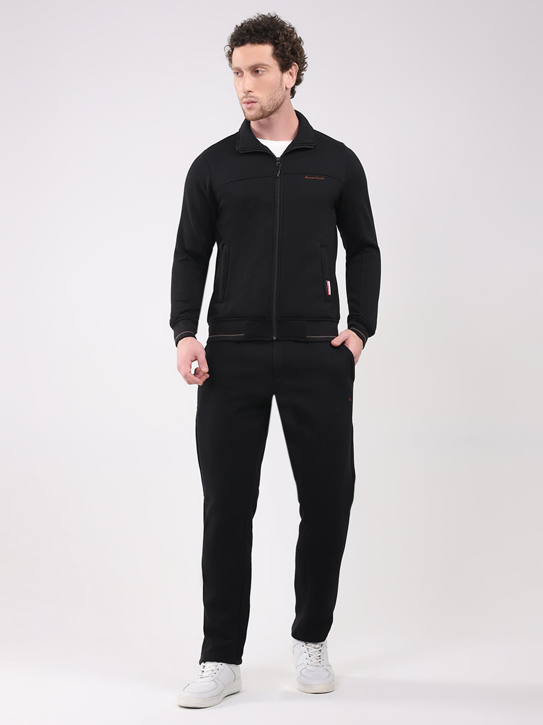 Men Black Solid Collar Full Sleeve Winter Tracksuit