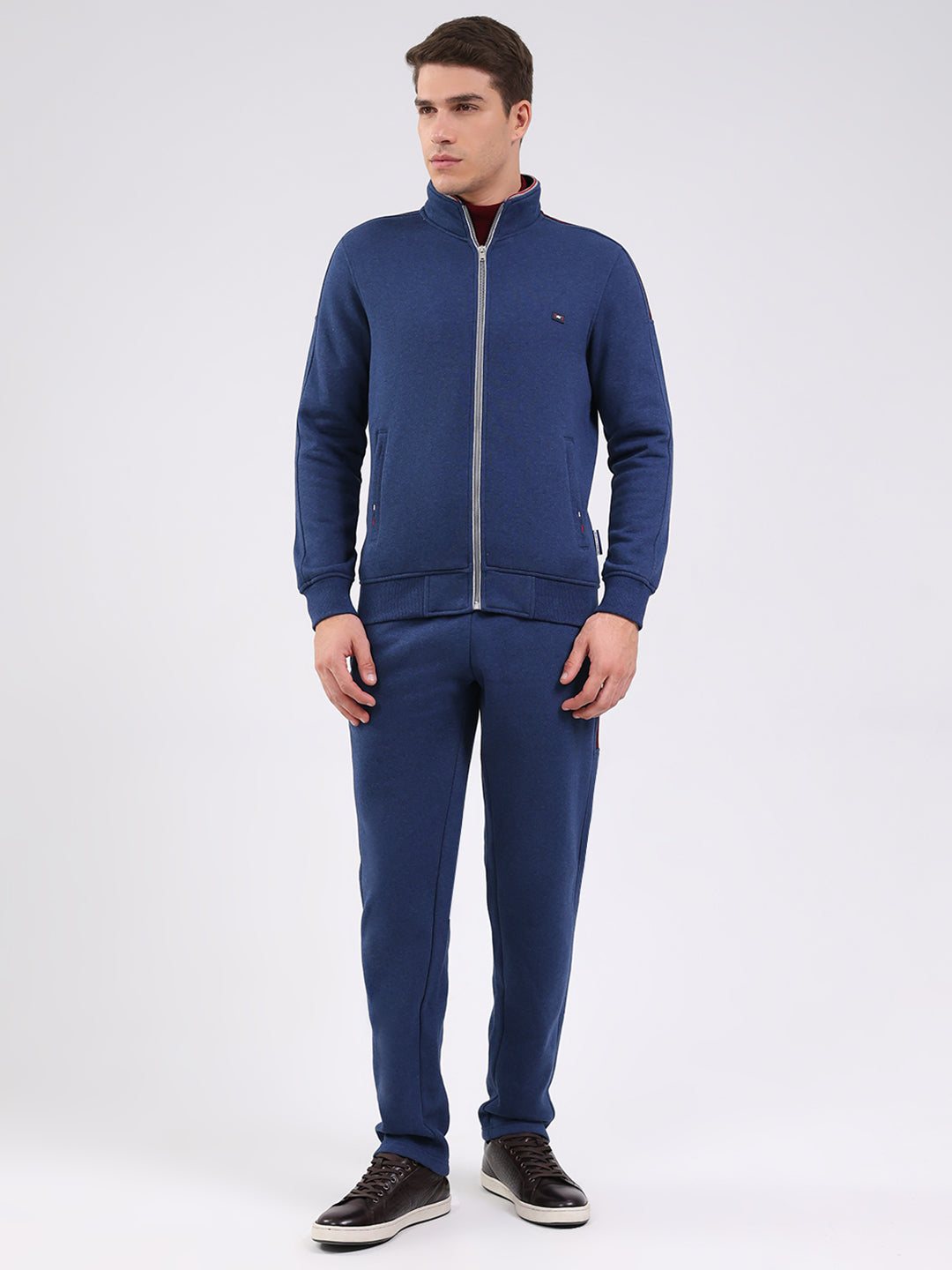 Men Blue Solid Mock Neck Full Sleeve Winter Tracksuit