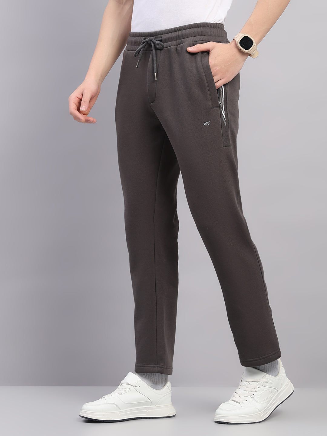 Men Grey Solid Stand Collar Full Sleeve Winter Tracksuit