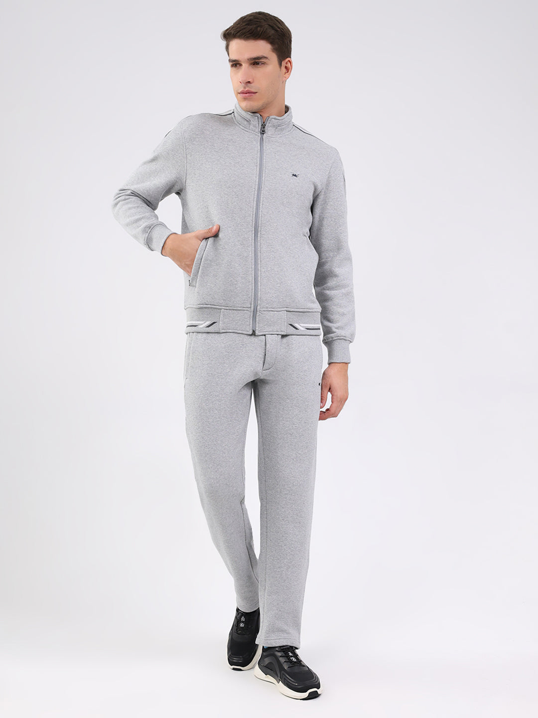 Men Grey Solid Mock Neck Full Sleeve Winter Tracksuit