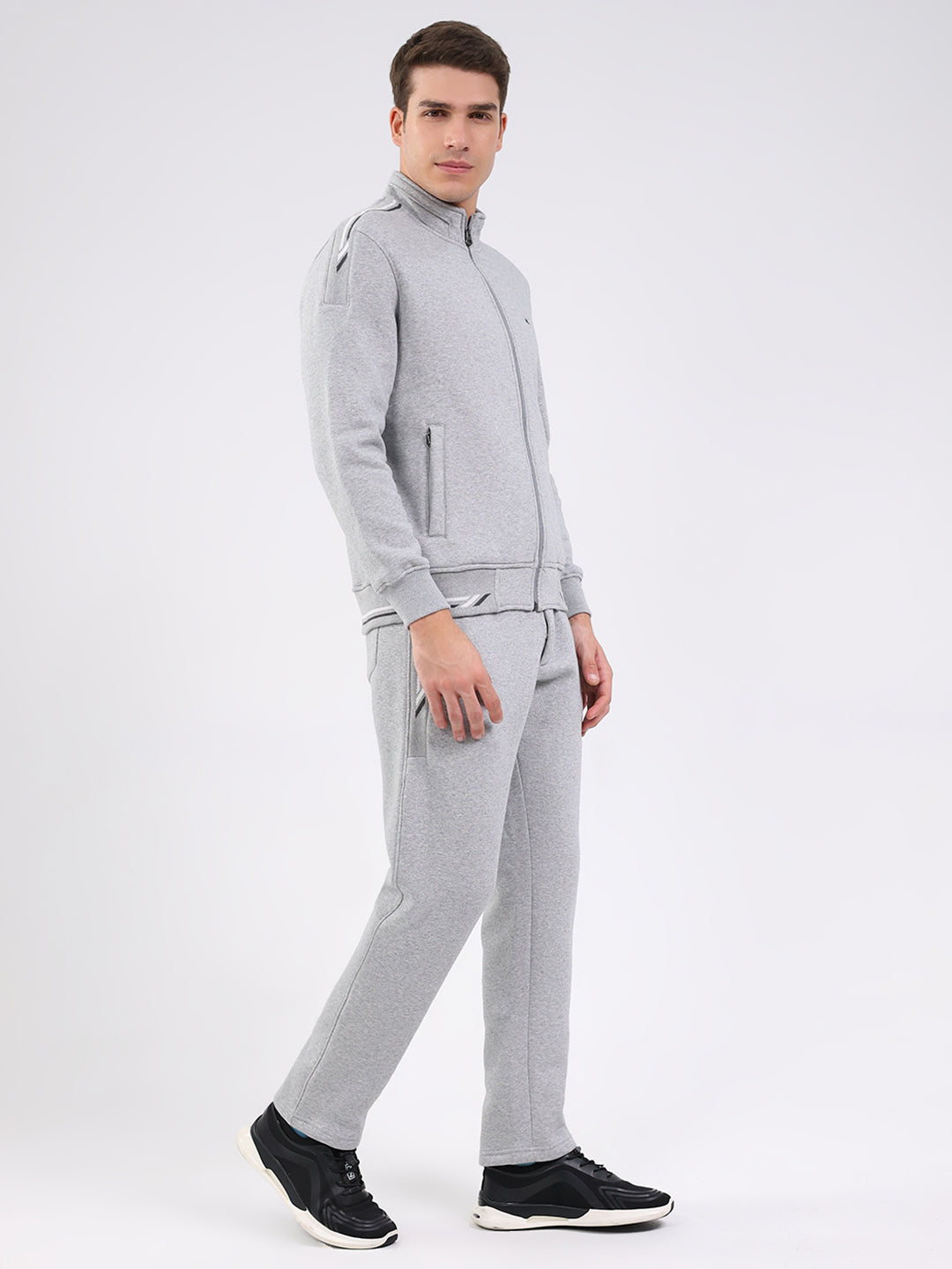 Men Grey Solid Mock Neck Full Sleeve Winter Tracksuit