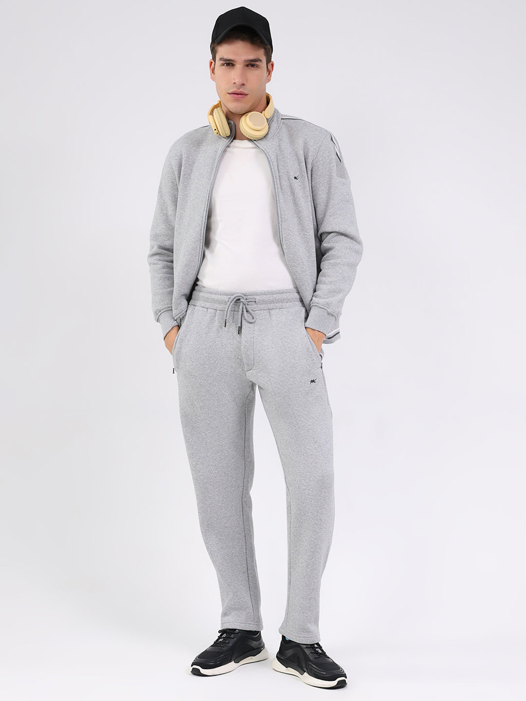 Men Grey Solid Mock Neck Full Sleeve Winter Tracksuit