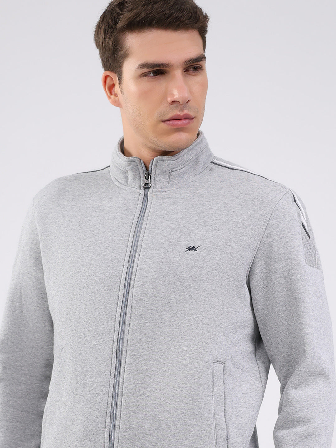 Men Grey Solid Mock Neck Full Sleeve Winter Tracksuit