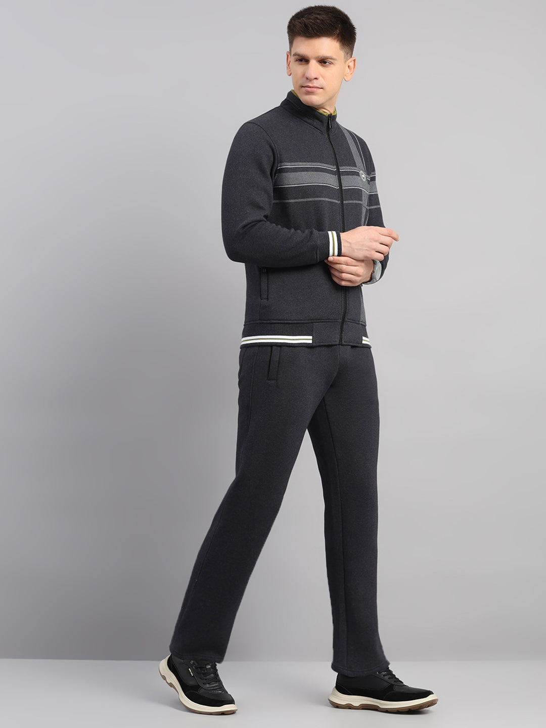 Men Charcoal Solid Collar Full Sleeve Winter Tracksuit