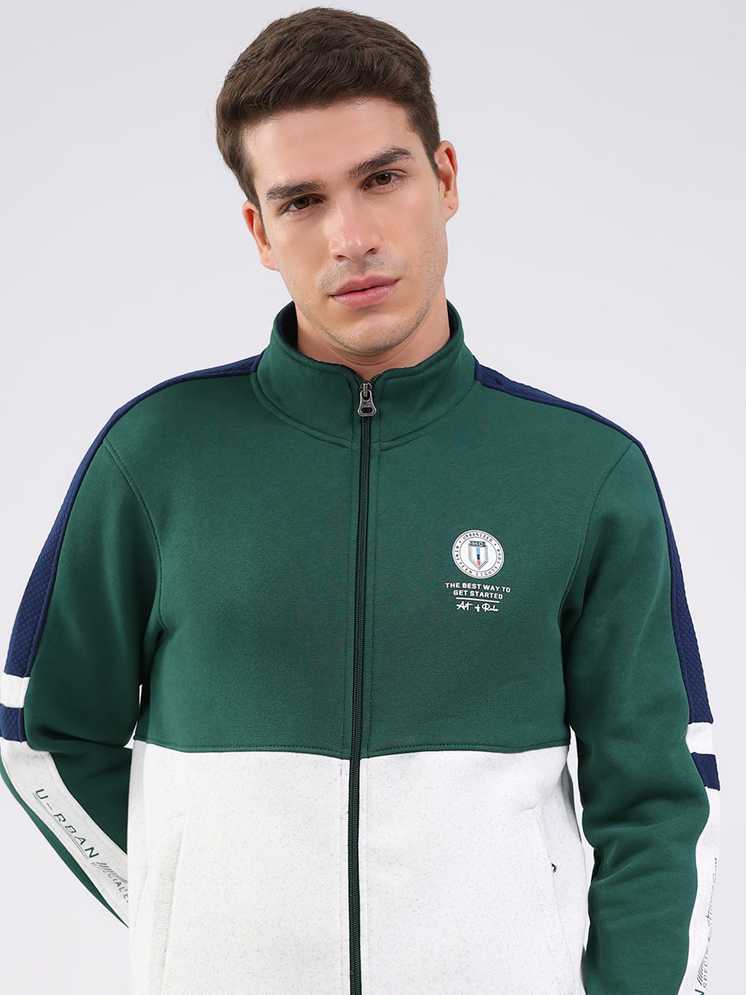 Men Green Solid Mock Neck Full Sleeve Winter Tracksuit