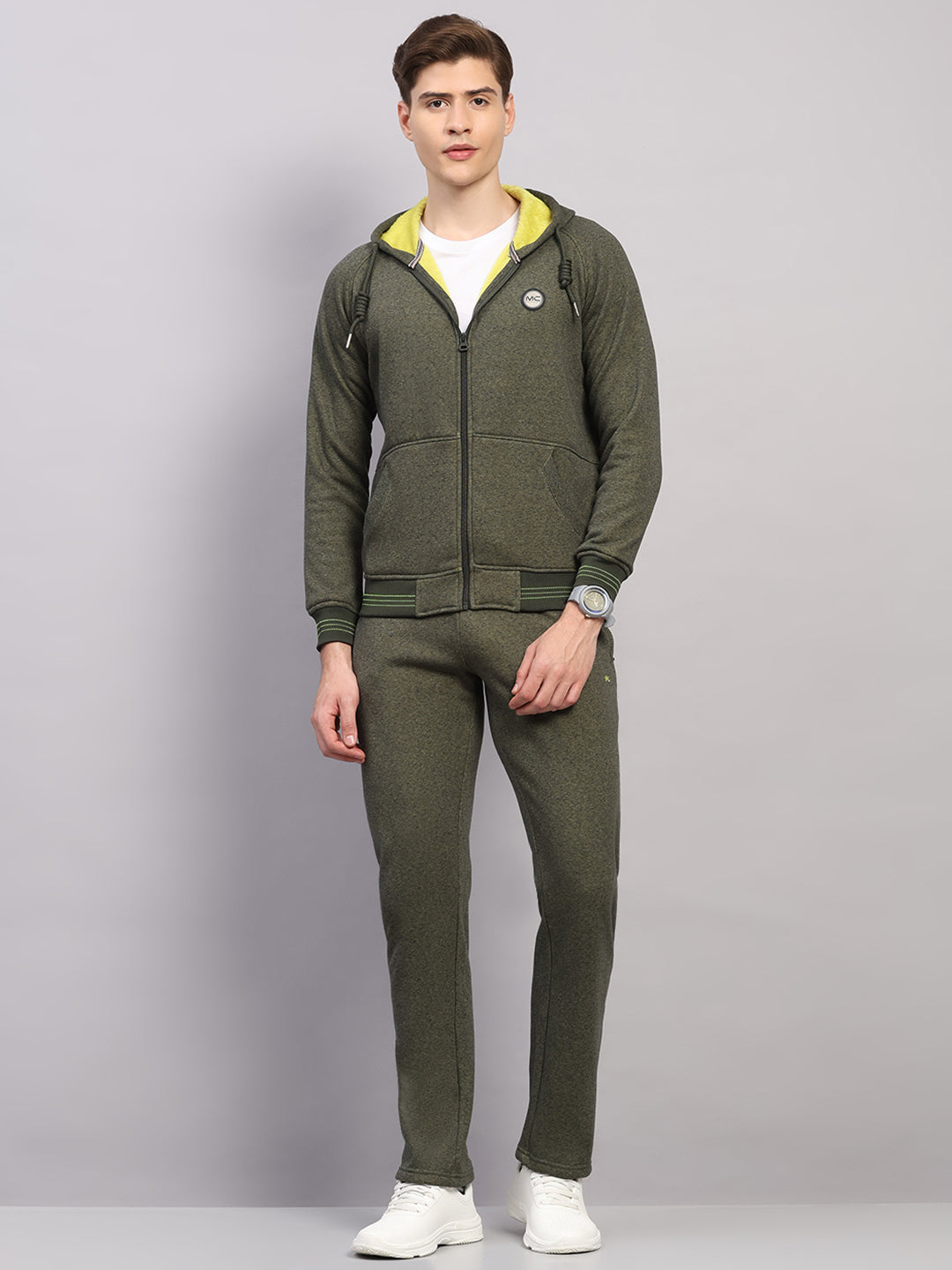 Men Olive Solid Collar Full Sleeve Winter Tracksuit