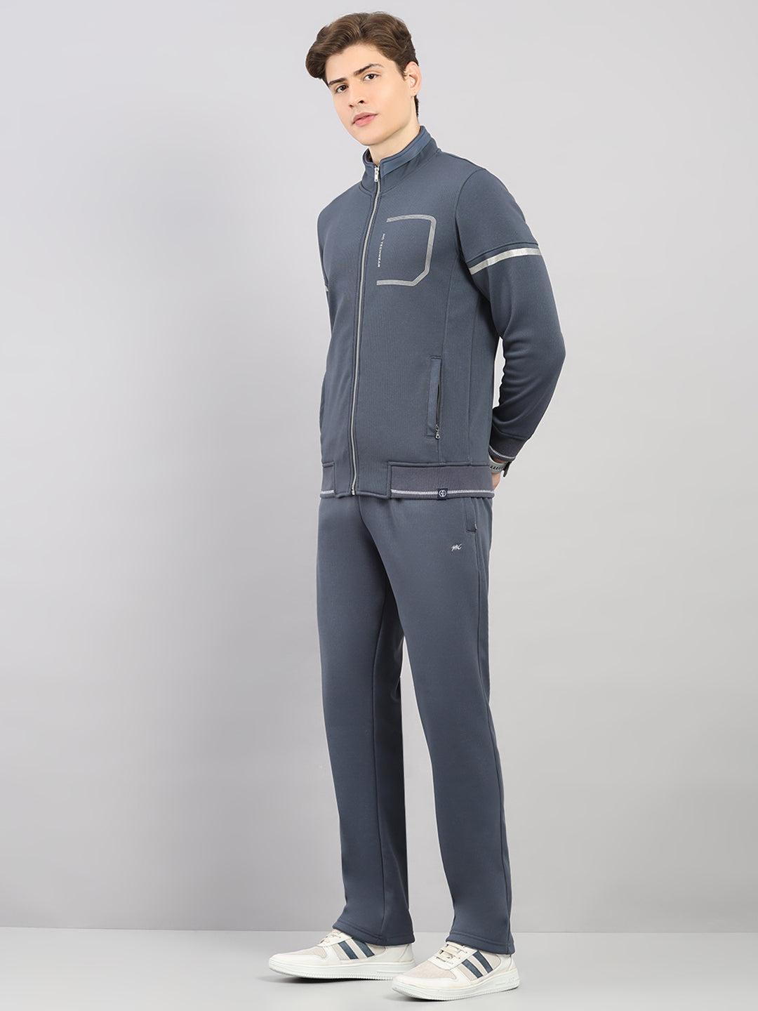 Men Grey Solid Stand Collar Full Sleeve Winter Tracksuit