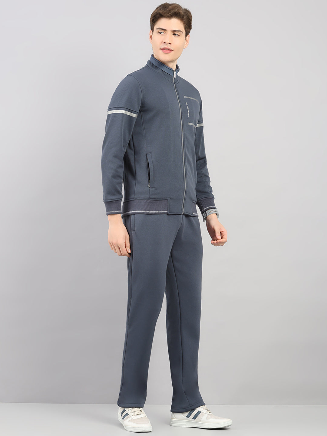 Men Grey Solid Stand Collar Full Sleeve Winter Tracksuit
