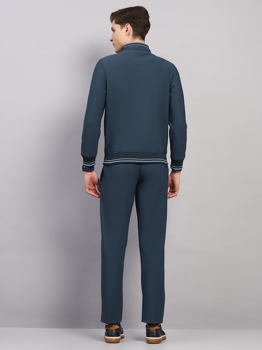 Men Teal Blue Solid Collar Full Sleeve Winter Tracksuit
