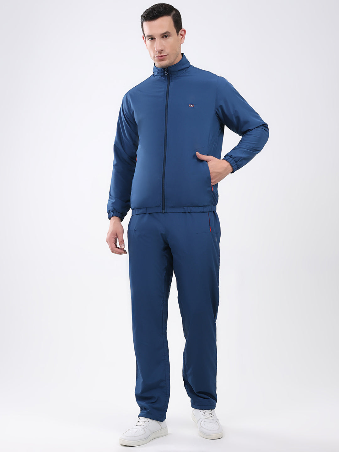 Men Blue Solid Mock Neck Full Sleeve Winter Tracksuit