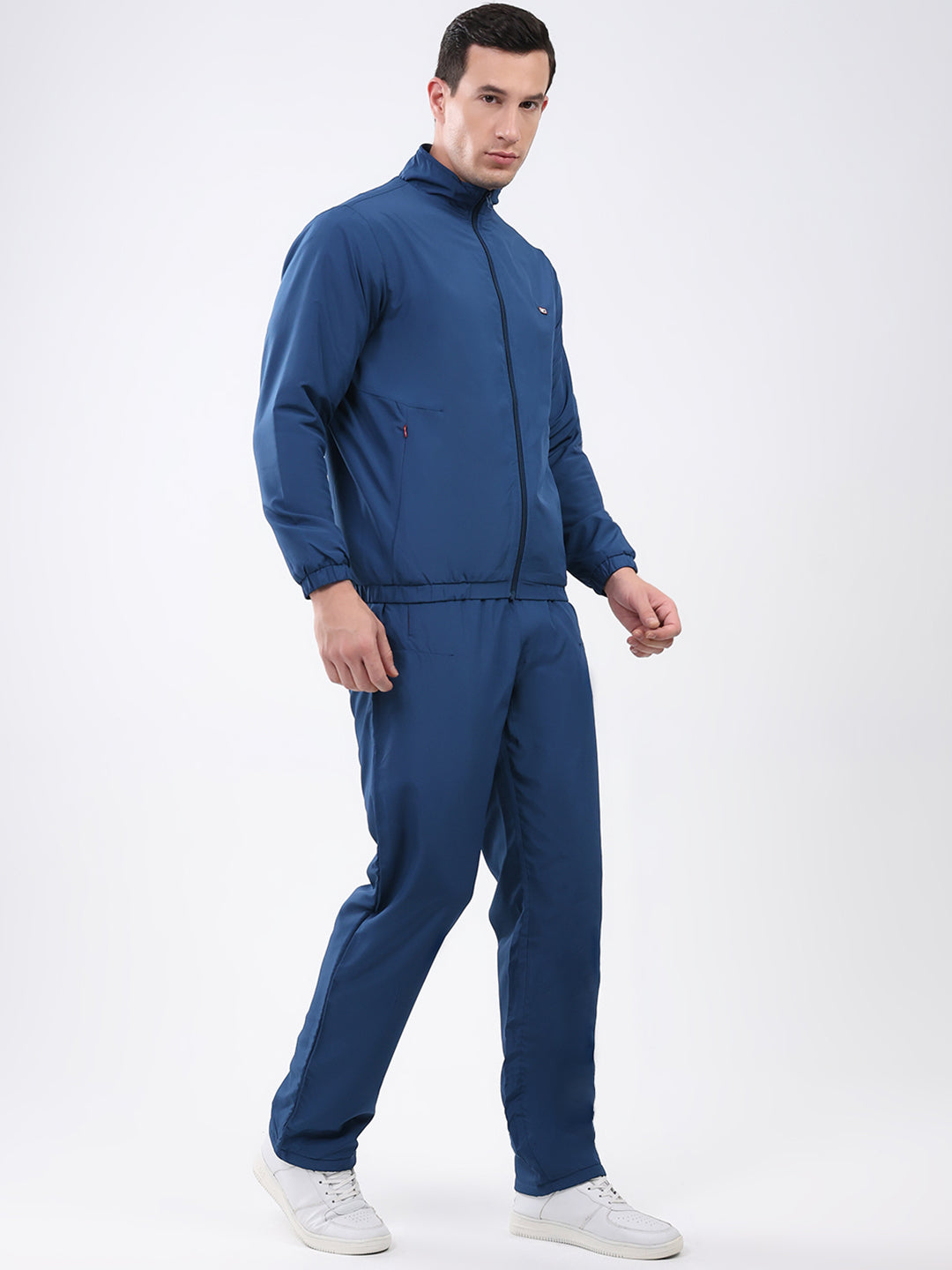 Men Blue Solid Mock Neck Full Sleeve Winter Tracksuit