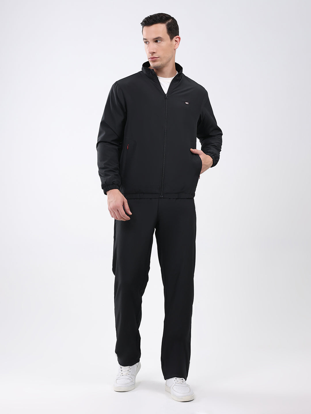 Men Black Solid Mock Neck Full Sleeve Winter Tracksuit