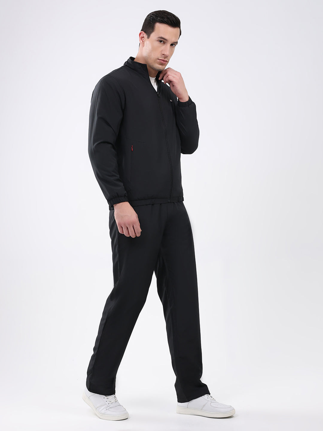 Men Black Solid Mock Neck Full Sleeve Winter Tracksuit