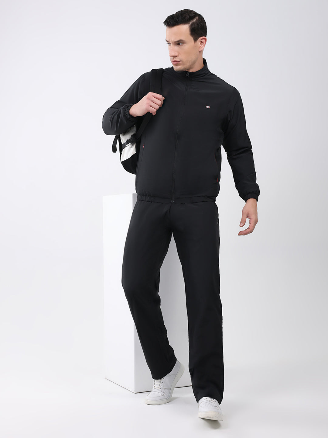 Men Black Solid Mock Neck Full Sleeve Winter Tracksuit