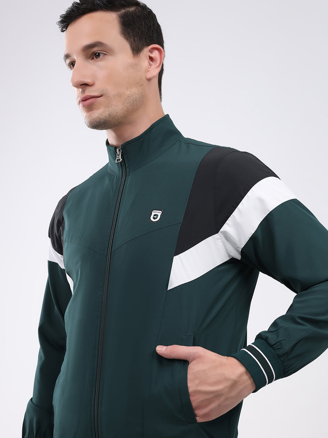 Men Green Solid Mock Neck Full Sleeve Winter Tracksuit