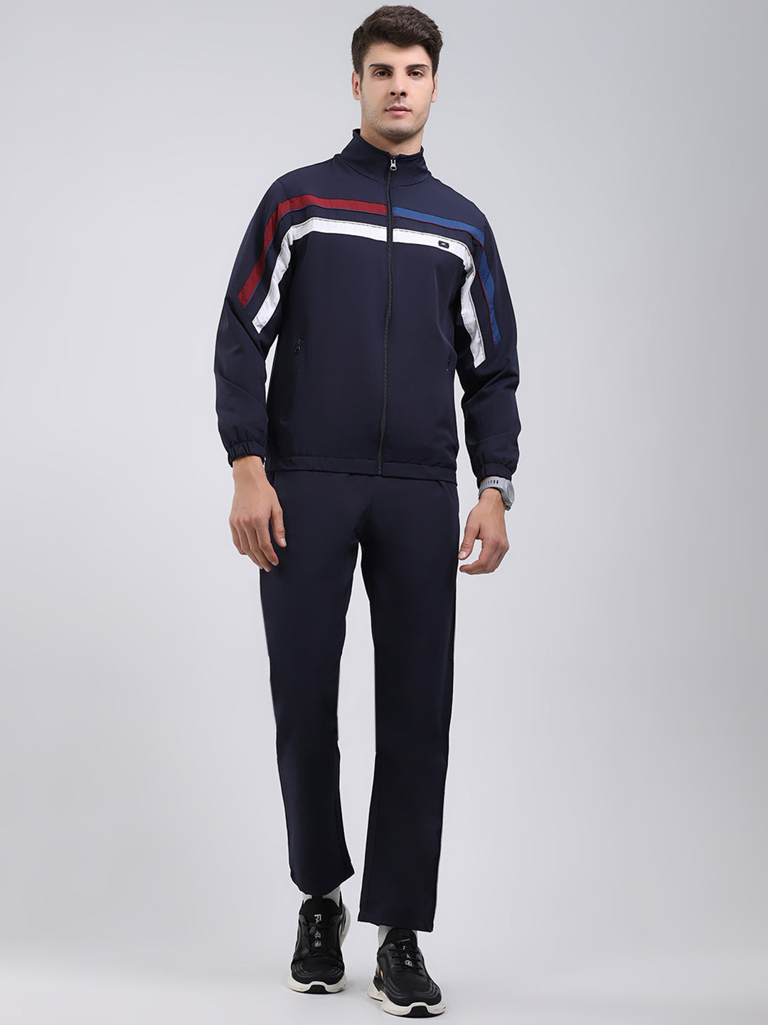 Men Navy Blue Solid Mock Neck Full Sleeve Winter Tracksuit
