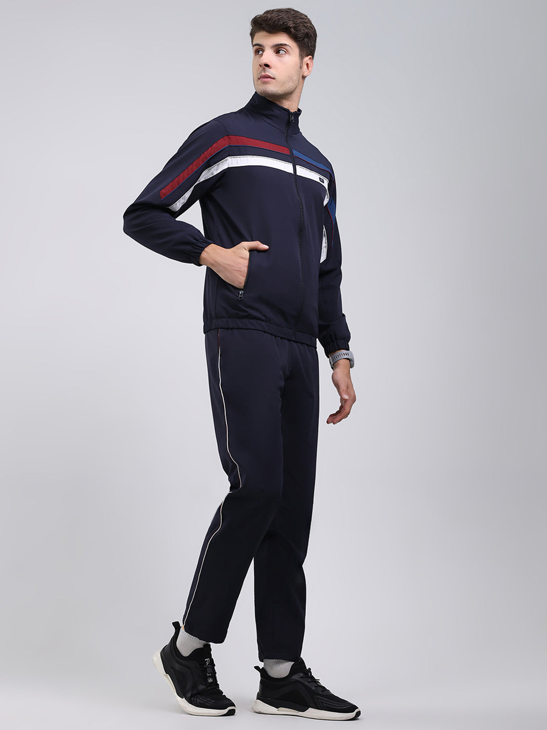 Men Navy Blue Solid Mock Neck Full Sleeve Winter Tracksuit