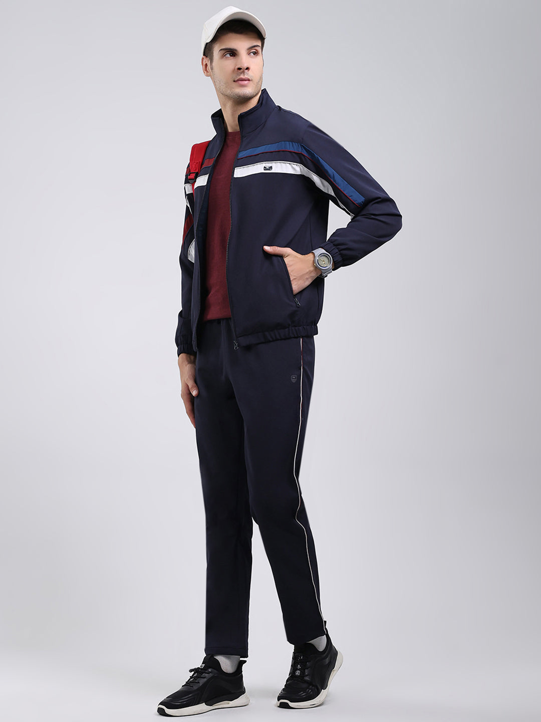 Men Navy Blue Solid Mock Neck Full Sleeve Winter Tracksuit