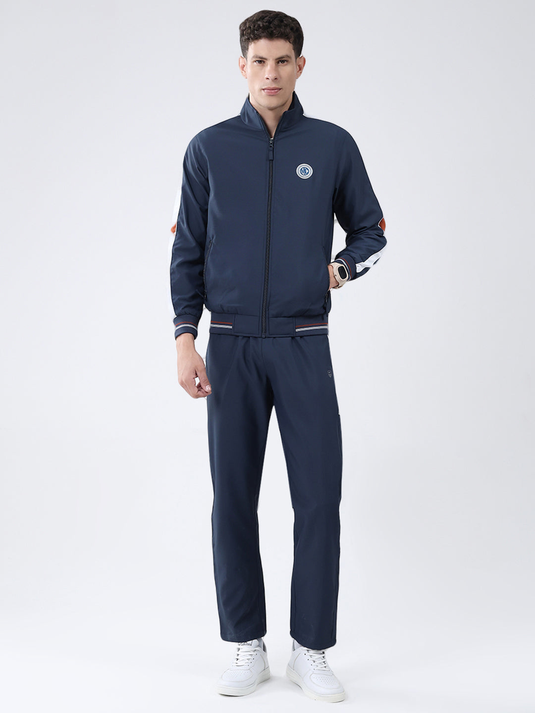 Men Navy Blue Solid Mock Neck Full Sleeve Winter Tracksuit