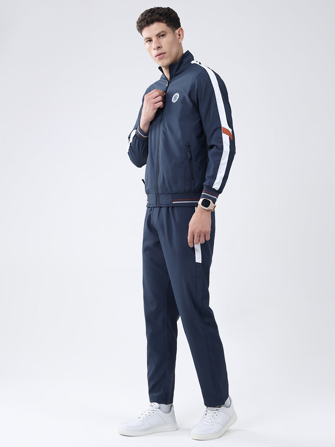 Men Navy Blue Solid Mock Neck Full Sleeve Winter Tracksuit
