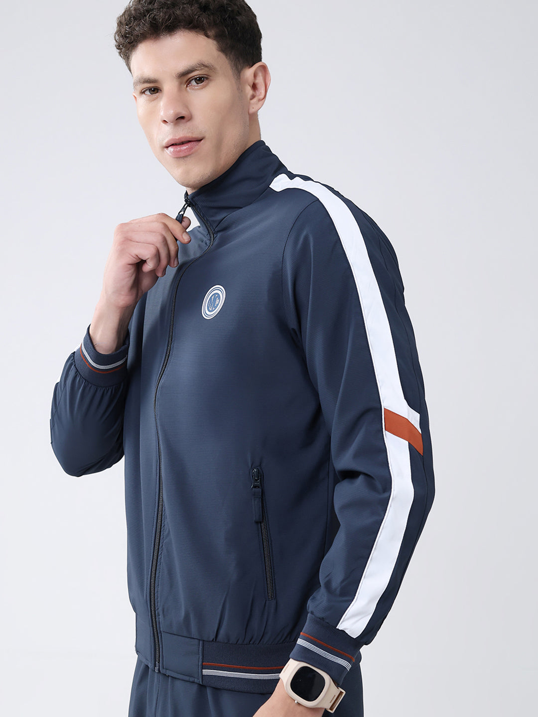 Men Navy Blue Solid Mock Neck Full Sleeve Winter Tracksuit