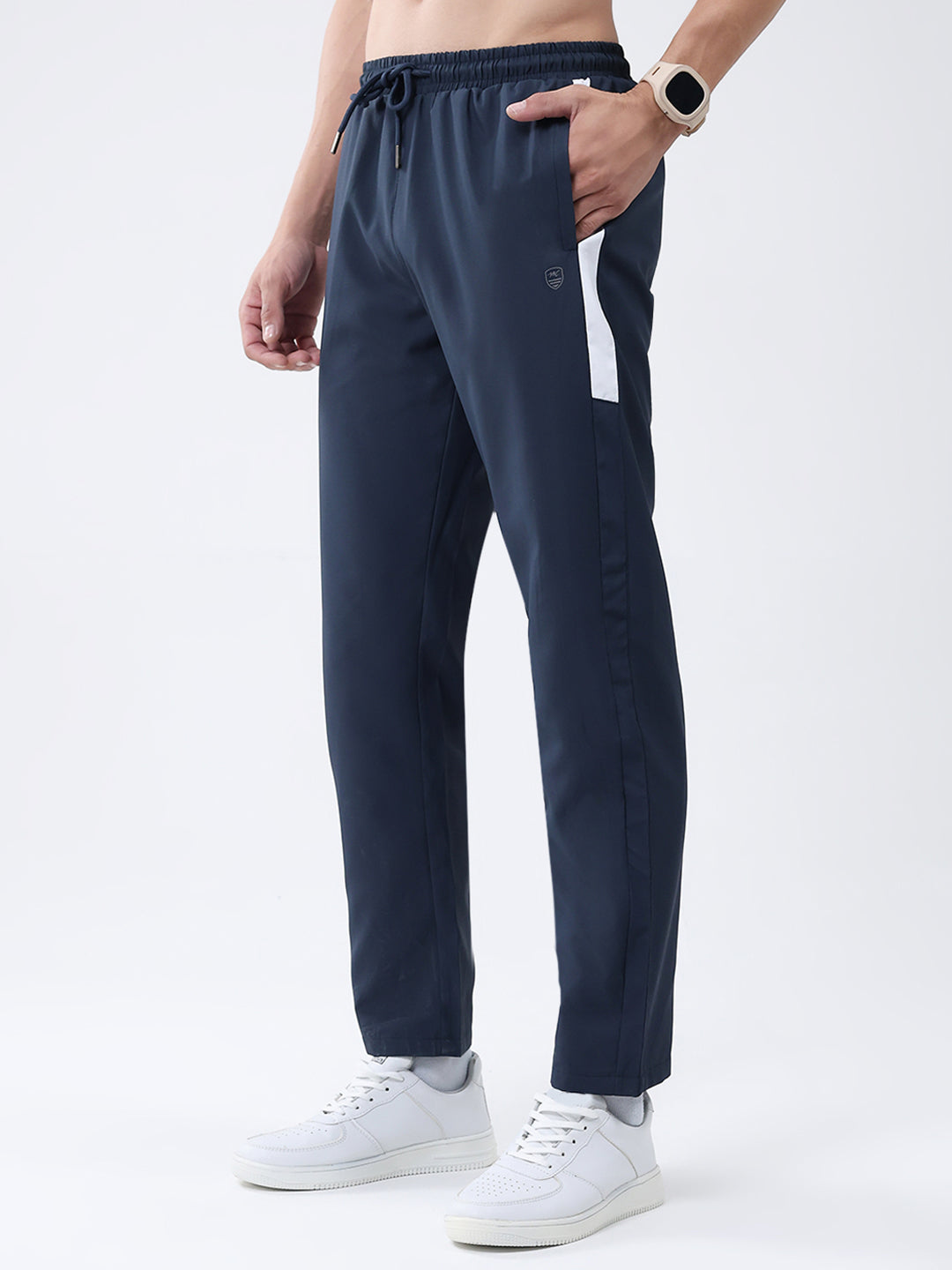 Men Navy Blue Solid Mock Neck Full Sleeve Winter Tracksuit