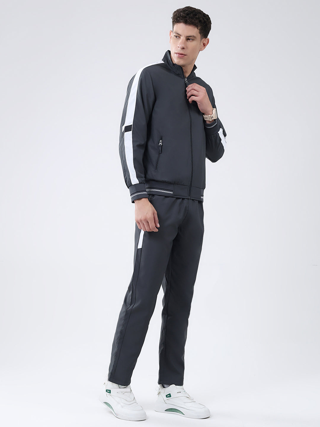 Men Charcoal Solid Mock Neck Full Sleeve Winter Tracksuit