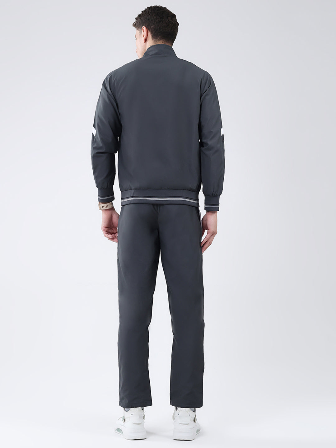 Men Charcoal Solid Mock Neck Full Sleeve Winter Tracksuit