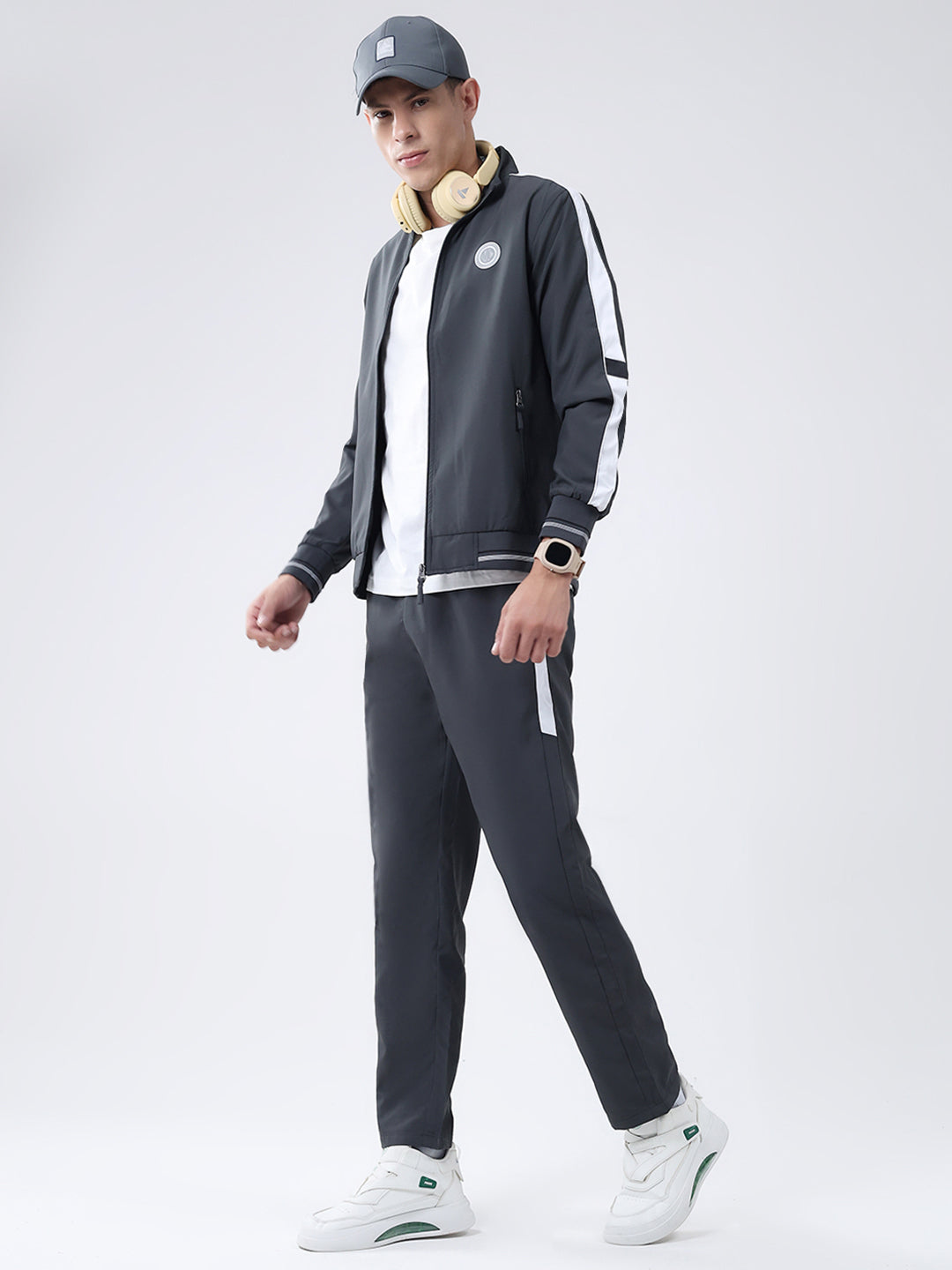 Men Charcoal Solid Mock Neck Full Sleeve Winter Tracksuit