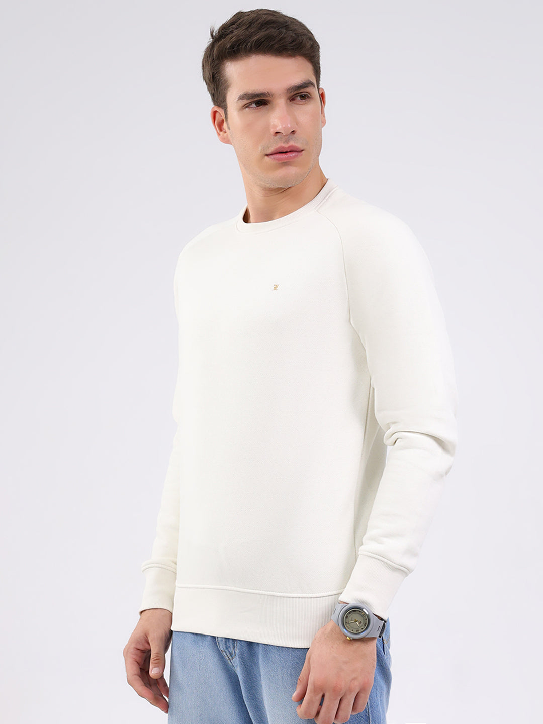 Luxuria Men Cream Solid Round Neck Full Sleeve Sweatshirt
